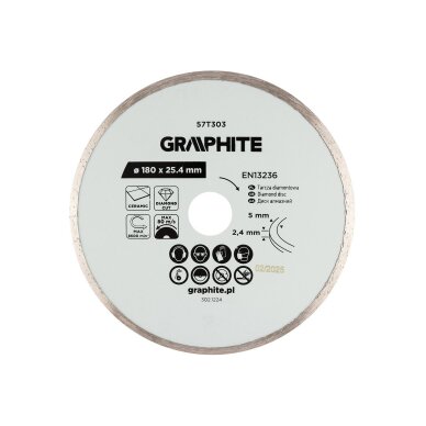 Deimantinis pjovimo diskas, 180 x 25,4 mm, šlapiam pjovimui