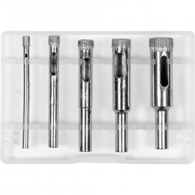 Deimantinių karūnų rinkinys su kreipiančiuoju bėgeliu Vorel, 5 vnt 1 Deimantinių karūnų rinkinys su kreipiančiuoju bėgeliu Vorel, 5 vnt 1