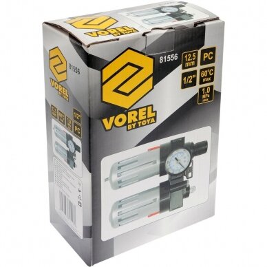 Drėgmės surinkėjas, reguliatorius su manometru ir tepaline Vorel, 1/2" 6 Drėgmės surinkėjas, reguliatorius su manometru ir tepaline Vorel, 1/2" 6