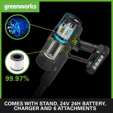 Akumuliatorinis dulkių siurblys – šluota Greenworks GD24SVK4DG, 24 V, 4,0 Ah, (su stovu) Akumuliatorinis dulkių siurblys – šluota Greenworks GD24SVK4DG, 24 V, 4,0 Ah, (su stovu)