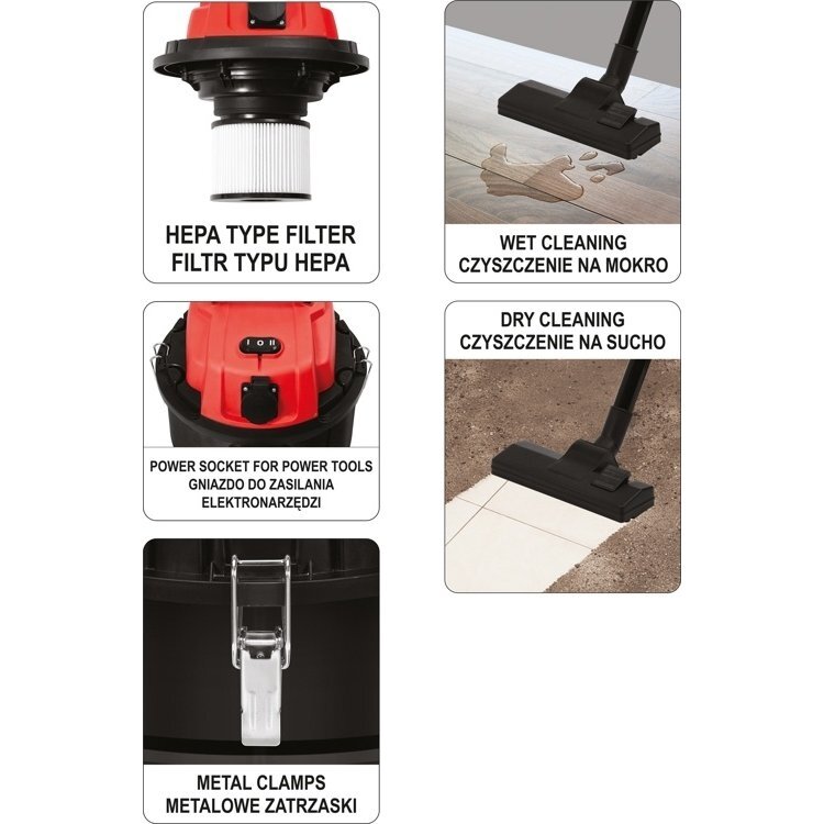 Dulkių siurblys pramoninis Yato, drėgna ir sausa funkcija, 1400W, 30 l (YT-85701) 3 Dulkių siurblys pramoninis Yato, drėgna ir sausa funkcija, 1400W, 30 l (YT-85701) 3