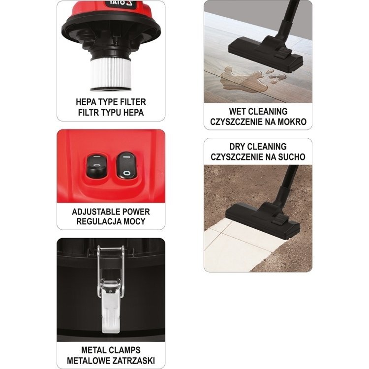 Dulkių siurblys pramoninis Yato, drėgna ir sausa funkcija, 2400W, 70 l (YT-85710) 2 Dulkių siurblys pramoninis Yato, drėgna ir sausa funkcija, 2400W, 70 l (YT-85710) 2