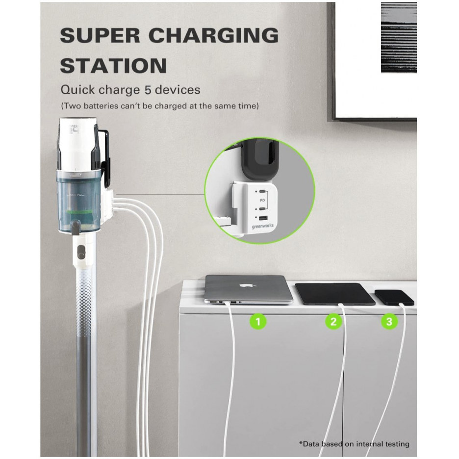 DULKIŲ SIURBLYS-ŠLUOTA DELUXE WHITE Greenworks gd24svk4d (su 4Ah akumuliatoriumi ir superkroviklio stovu) 15