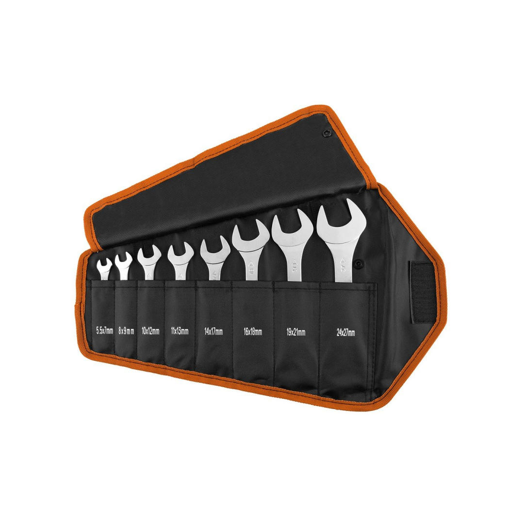 Dvigubas atviras veržliaraktis, 8 vnt. rinkinys, 5,5-27 mm, itin plona versija, ritininiame maišelyje