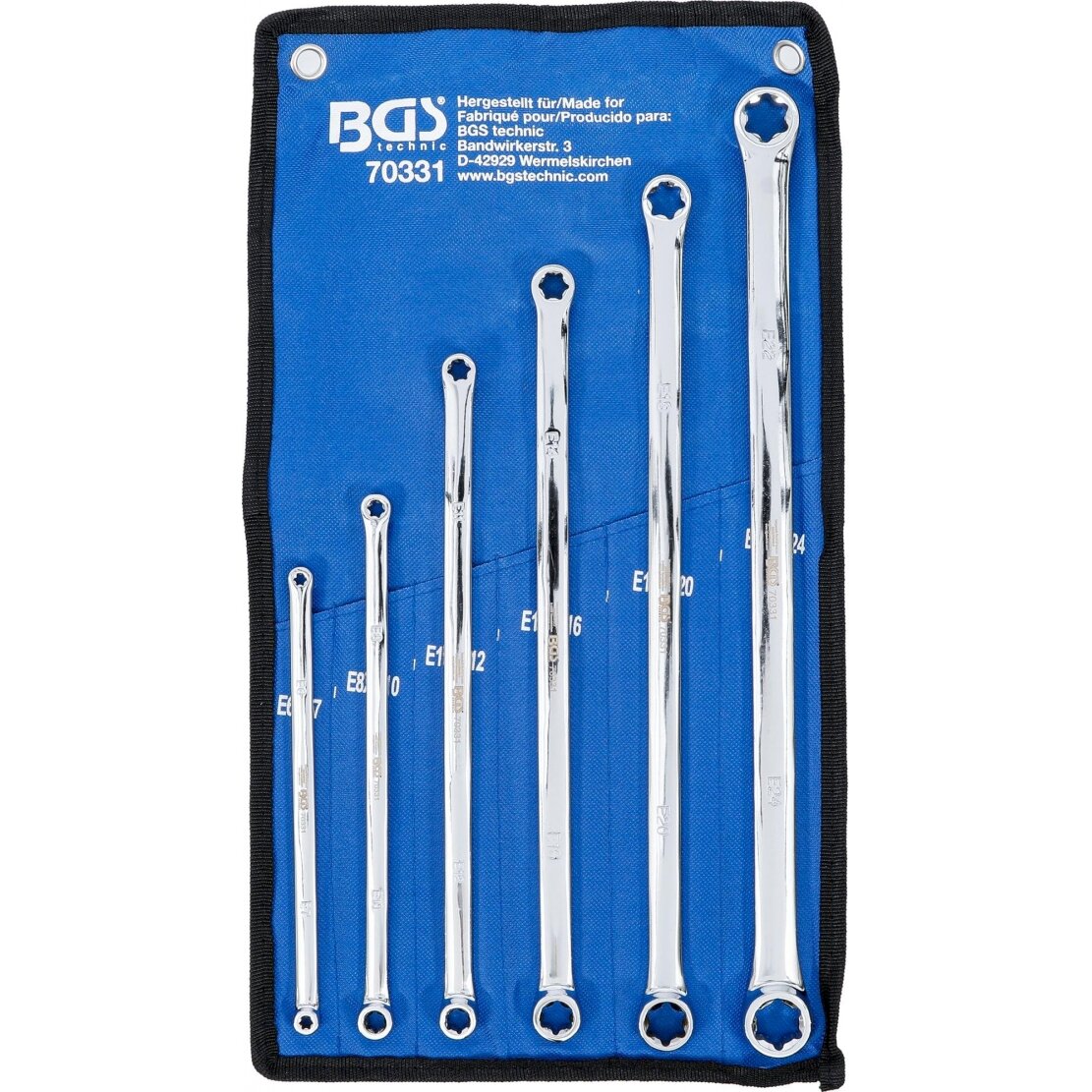 Dvigubų ilgų veržliarakčių rinkinys | E tipo galvutėms | E6 x E7 - E22 x E24 | 6 vnt. (70331) Dvigubų ilgų veržliarakčių rinkinys | E tipo galvutėms | E6 x E7 - E22 x E24 | 6 vnt. (70331)