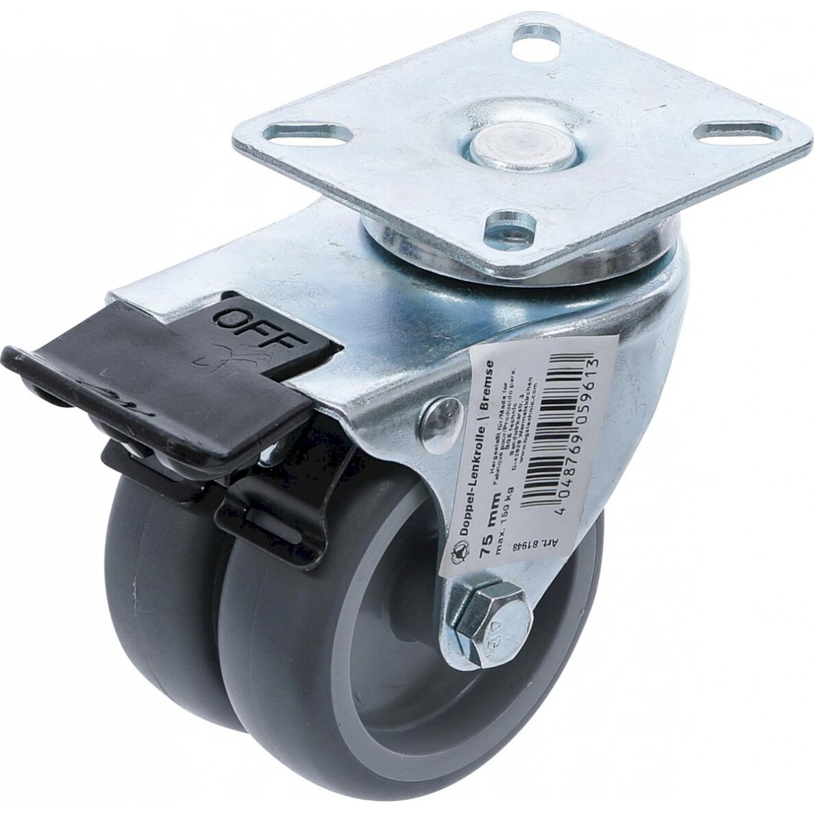 Dvigubas pasukamas ratukas | su baze ir stabdžiu | Ø 75 mm (81948) Dvigubas pasukamas ratukas | su baze ir stabdžiu | Ø 75 mm (81948)