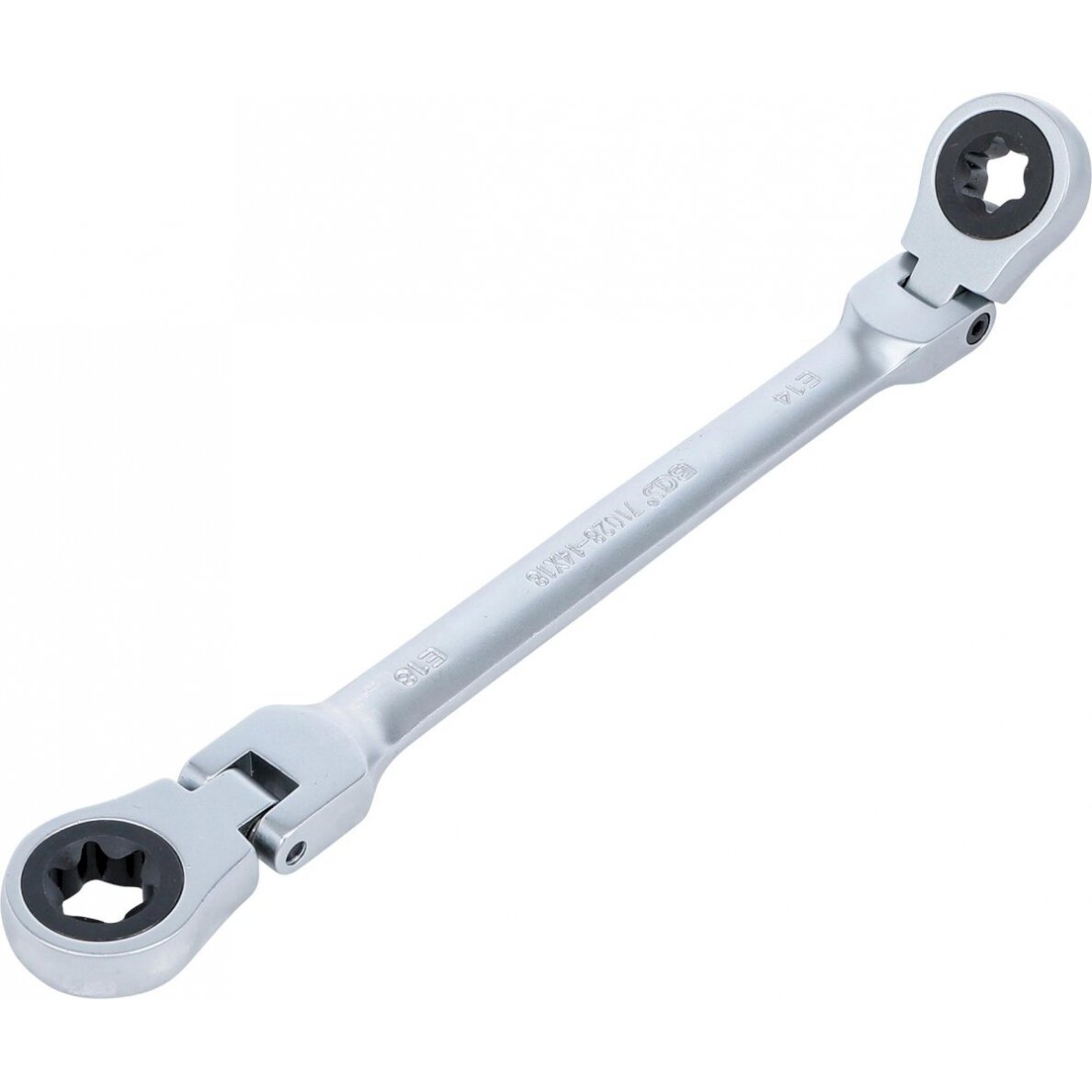 Dvigubas terkšlinis veržliaraktis | šarnyrinis | su E tipo žiedo galvutėmis | E14 x E18 (71028-14X18) Dvigubas terkšlinis veržliaraktis | šarnyrinis | su E tipo žiedo galvutėmis | E14 x E18 (71028-14X18)