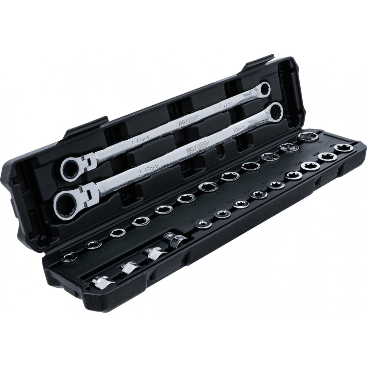 Dvigubo žiedo ir lanksčios galvutės terkšlinių veržliarakčių rinkinys | ilgi | 27 vnt. (74274)