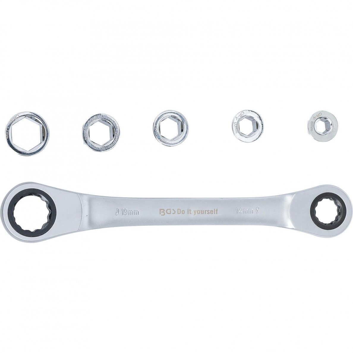 Dvipusis terkšlinis veržliaraktis su adapterių rinkiniu | 8 - 19 mm | 6 vnt. (71016) 1 Dvipusis terkšlinis veržliaraktis su adapterių rinkiniu | 8 - 19 mm | 6 vnt. (71016) 1