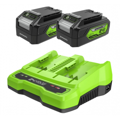 Dviejų akumuliatorių ir dvigubo kroviklio komplektas Greenworks GSK24B4X, 24 V, 2 x 4,0 Ah Dviejų akumuliatorių ir dvigubo kroviklio komplektas Greenworks GSK24B4X, 24 V, 2 x 4,0 Ah
