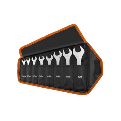 Dvigubas atviras veržliaraktis, 8 vnt. rinkinys, 5,5-27 mm, itin plona versija, ritininiame maišelyje Dvigubas atviras veržliaraktis, 8 vnt. rinkinys, 5,5-27 mm, itin plona versija, ritininiame maišelyje