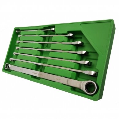 Dvigubo žiedo raktų rinkinys su terkšle | ilgas tipas | 8 - 19 mm | 7 vnt. (DR07) 1 Dvigubo žiedo raktų rinkinys su terkšle | ilgas tipas | 8 - 19 mm | 7 vnt. (DR07) 1