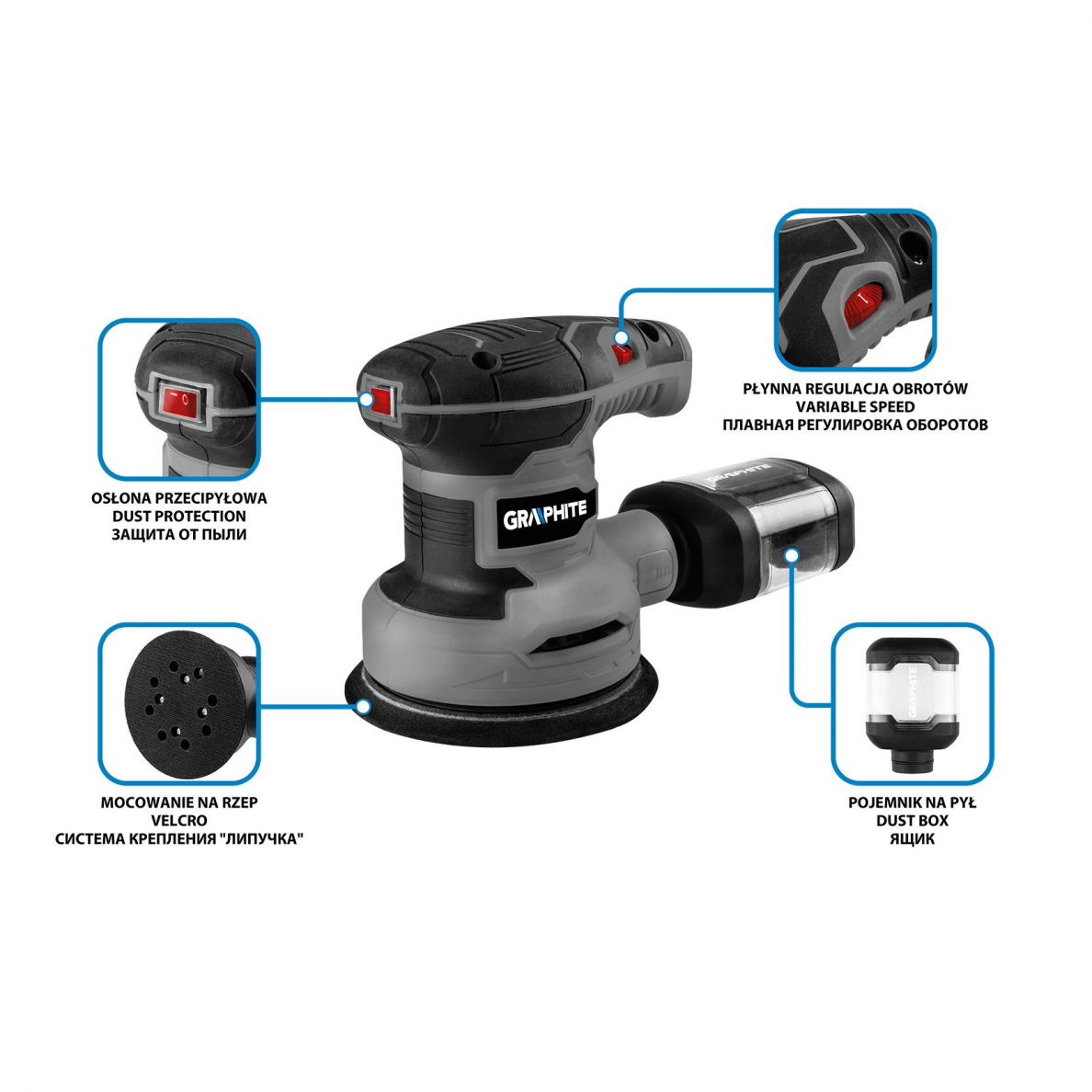 Ekscentrinis šlifuoklis Graphite 59G348, 300 W, 125 mm 1 Ekscentrinis šlifuoklis Graphite 59G348, 300 W, 125 mm 1