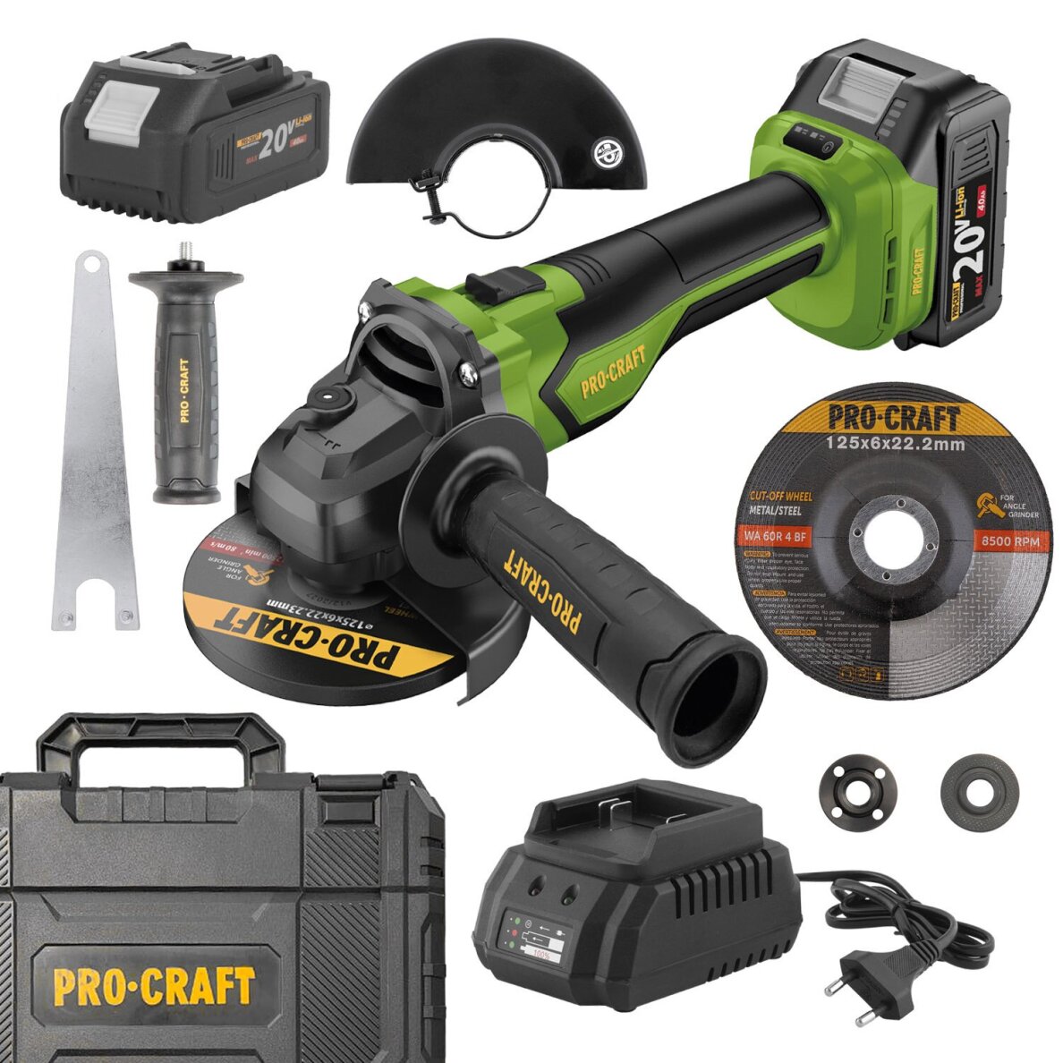 Akumuliatorinis kampinis šlifuoklis ProCraft PGA22-1B-C, 20 V, 4,0 Ah