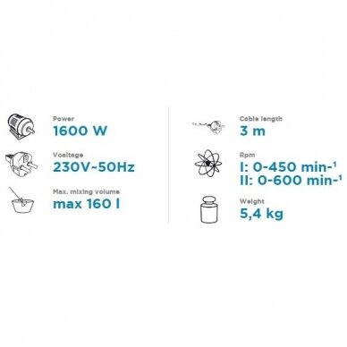 Elekrinė maišyklė Graphite 58G788, 1.6kW, su dviem maišymo strypais 2