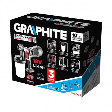 Akumuliatorinis dažymo pistoletas GRAPHITE 58GE103, 18V 9 Akumuliatorinis dažymo pistoletas GRAPHITE 58GE103, 18V 9