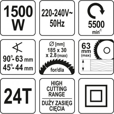 Elektrinis diskinis pjūklas Yato YT-82151, 1500W, 185mm 2 Elektrinis diskinis pjūklas Yato YT-82151, 1500W, 185mm 2