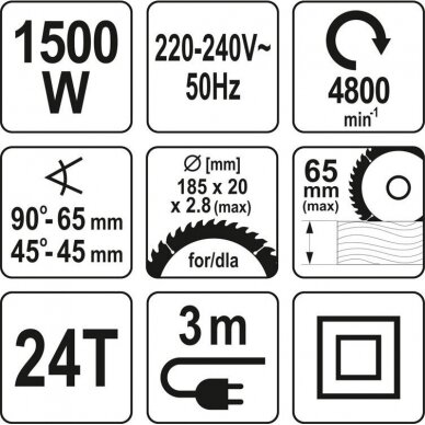 Elektrinis diskinis pjūklas Yato YT-82152, 1500W, 185mm 2 Elektrinis diskinis pjūklas Yato YT-82152, 1500W, 185mm 2