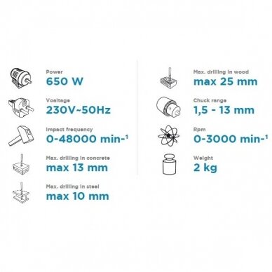 Elektrinis smūginis gręžtuvas GRAPHITE 58G716, 650 W 1
