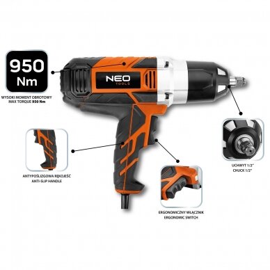 Elektrinis smūginis veržliaraktis Neo Tools 04-720, 950Nm 1 Elektrinis smūginis veržliaraktis Neo Tools 04-720, 950Nm 1