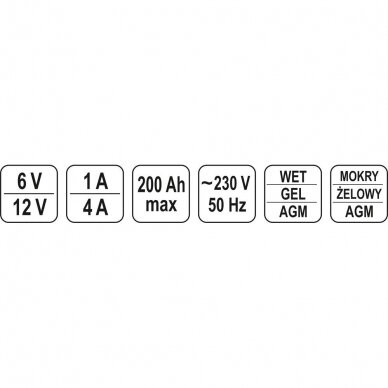 Elektroninis įkroviklis Yato 12 / 6v, 1-4a, 200ah 4 Elektroninis įkroviklis Yato 12 / 6v, 1-4a, 200ah 4