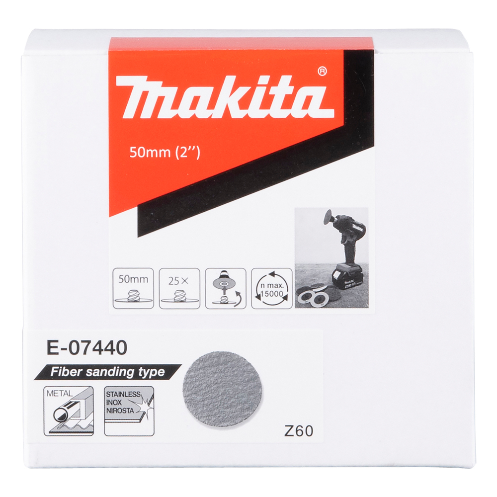 Fibro šlifavimo diskas Makita E-07440, 50mm, Z60, 25vnt./kompl. 1 Fibro šlifavimo diskas Makita E-07440, 50mm, Z60, 25vnt./kompl. 1