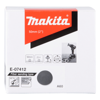 Fibro šlifavimo diskas Makita E-07412, 50mm, A60, 25vnt./kompl. 1 Fibro šlifavimo diskas Makita E-07412, 50mm, A60, 25vnt./kompl. 1