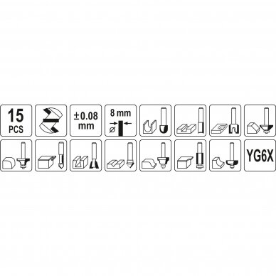Frezų medžiui rinkinys Yato YT-68002, 8mm, 15 vnt. 3 Frezų medžiui rinkinys Yato YT-68002, 8mm, 15 vnt. 3