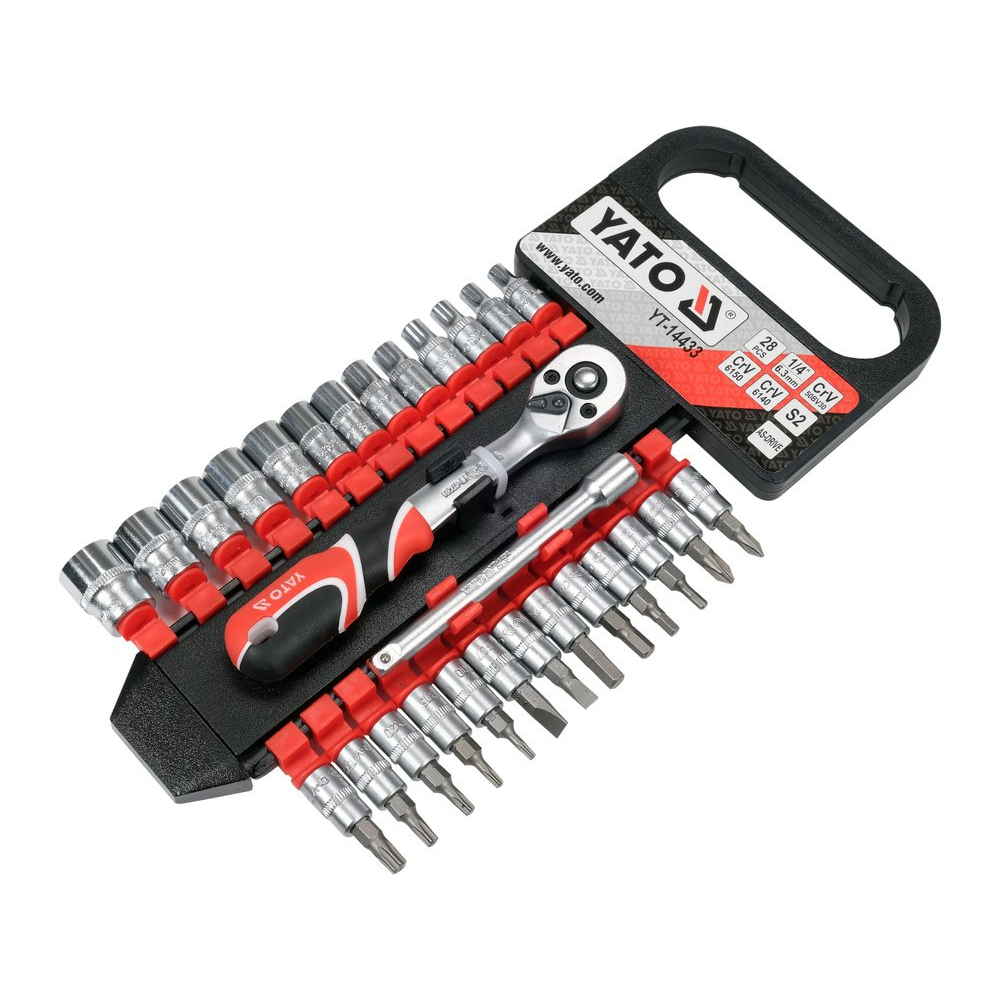 Galvučių, antgalių ir ilgintuvo rinkinys su terkšle | 6.3 mm (1/4") | 28 vnt. (YT-14433) Galvučių, antgalių ir ilgintuvo rinkinys su terkšle | 6.3 mm (1/4") | 28 vnt. (YT-14433)