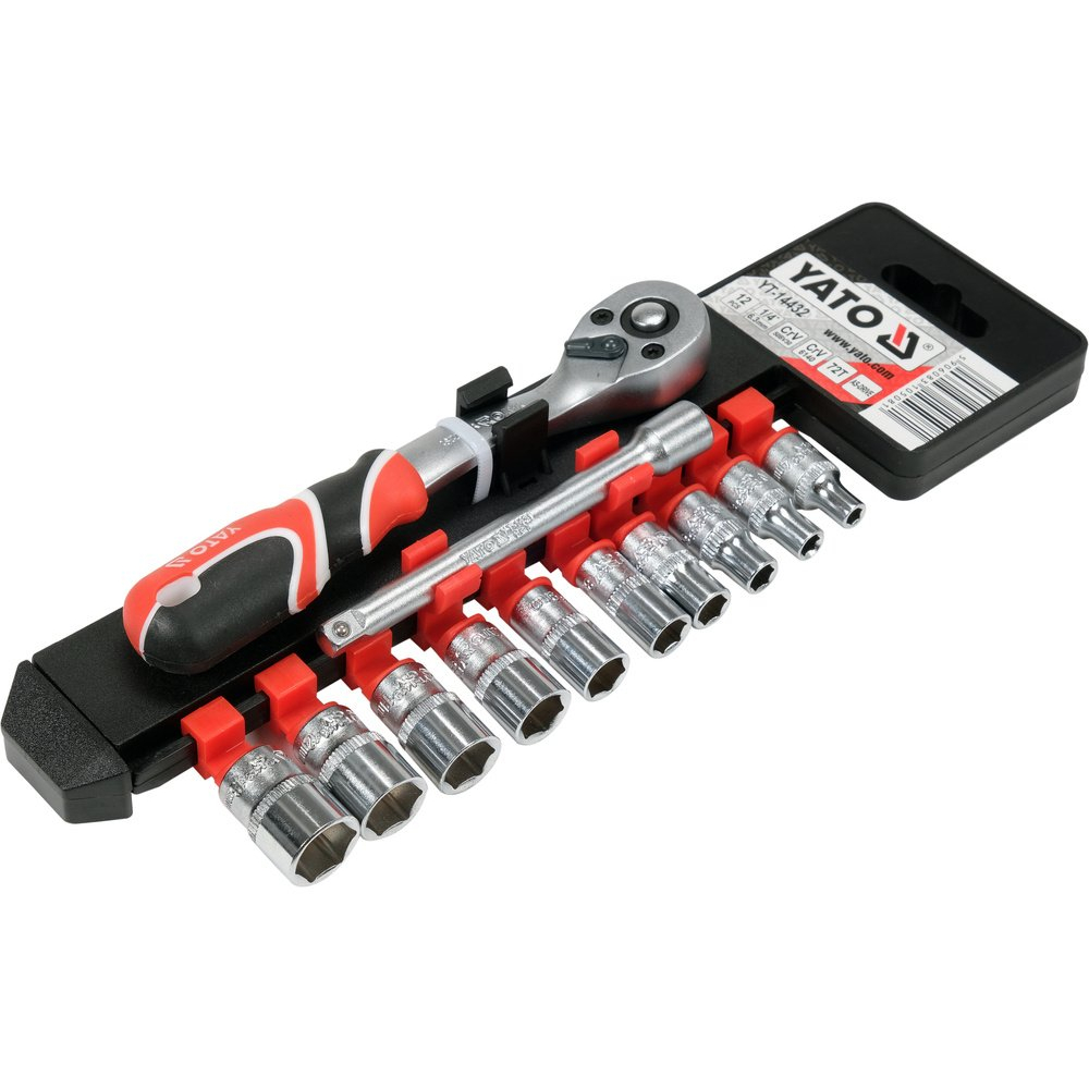 Galvučių ir ilgintuvo rinkinys su terkšle | 6.3 mm (1/4") | 12 vnt. (YT-14432)