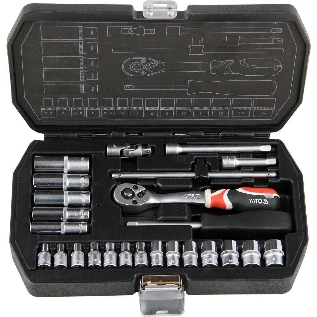 Galvučių su terkšle rinkinys Yato, 6.3 mm (1/4"), 25 vnt. 1 Galvučių su terkšle rinkinys Yato, 6.3 mm (1/4"), 25 vnt. 1