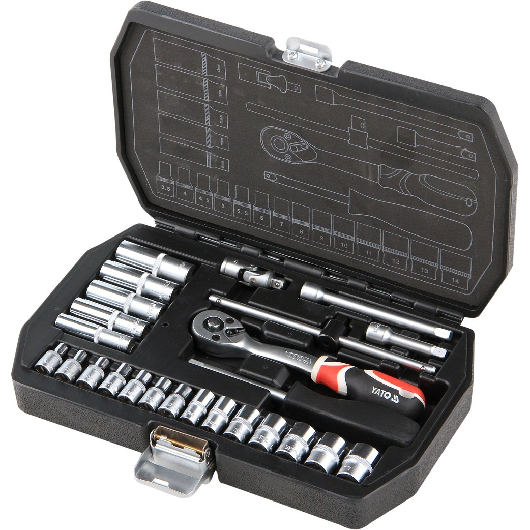 Galvučių su terkšle rinkinys Yato, 6.3 mm (1/4"), 25 vnt. 2 Galvučių su terkšle rinkinys Yato, 6.3 mm (1/4"), 25 vnt. 2