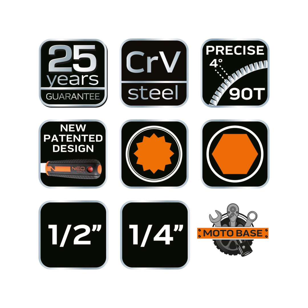 Galvučių rinkinys 1/2" ir 1/4" 86 dalys 8 Galvučių rinkinys 1/2" ir 1/4" 86 dalys 8