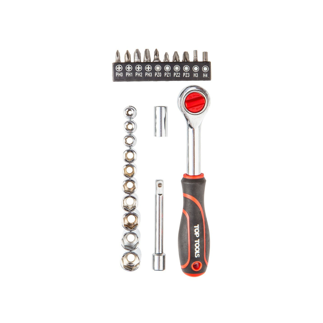 Galvučių rinkinys su terkšle TOP TOOLS, 1/4", 23 vnt