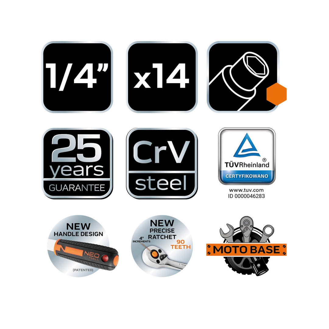 Galvučių veržliarakčiai 1/4", 14 vnt. 7 Galvučių veržliarakčiai 1/4", 14 vnt. 7