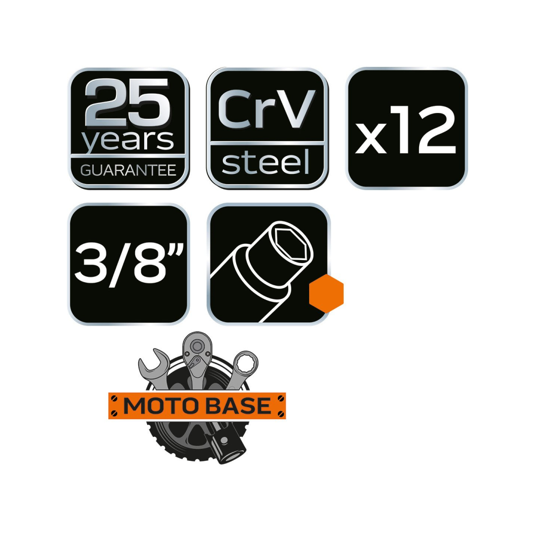 Galvučių veržliarakčiai 3/8", 12 vnt. 7 Galvučių veržliarakčiai 3/8", 12 vnt. 7