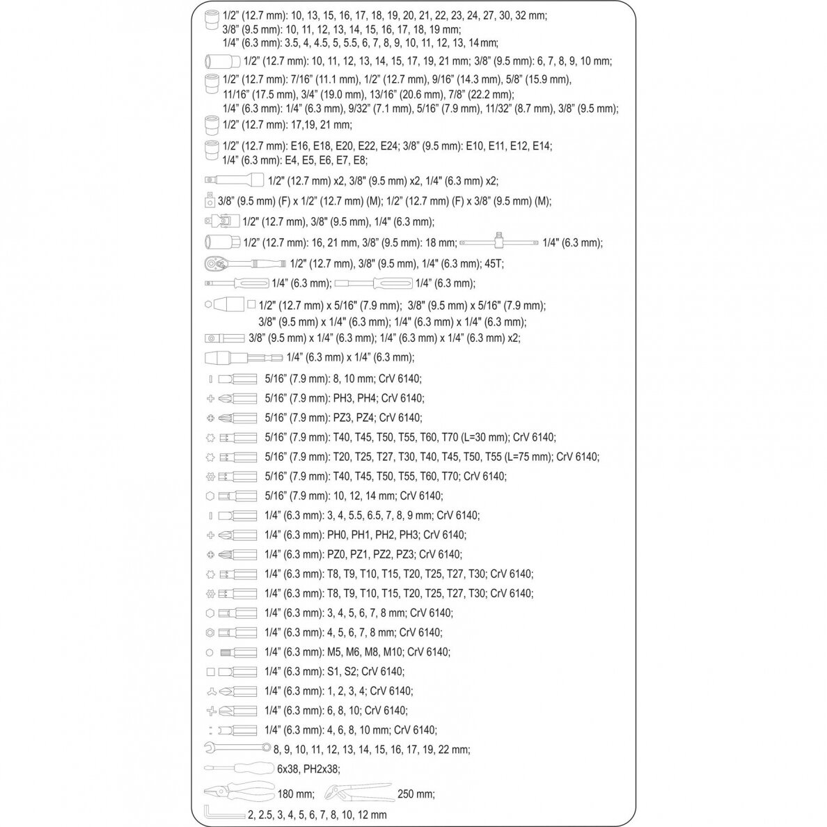 Galvučių, replių, raktų ir kitų įrankių XXL komplektas Sthor 225 vnt. 5