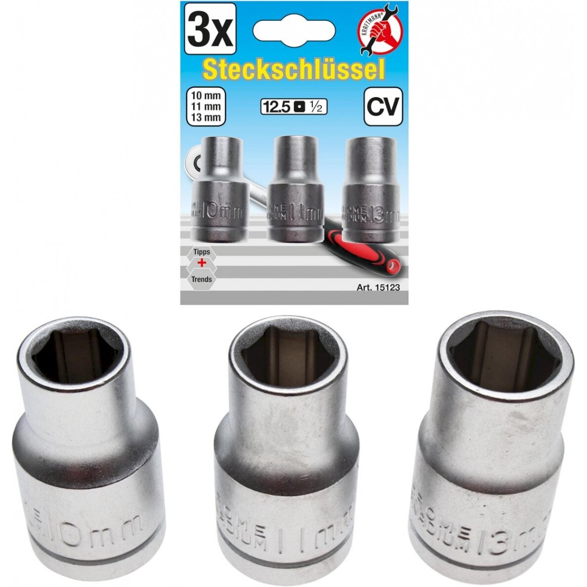 Galvučių rinkinys  | 12,5 mm (1/2") | 10 - 11 - 13 mm | 3 vnt. (15123) Galvučių rinkinys  | 12,5 mm (1/2") | 10 - 11 - 13 mm | 3 vnt. (15123)