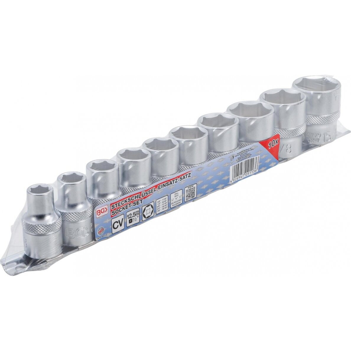 Galvučių rinkinys, šešiakampės | 12,5 mm (1/2") | coliniai dydžiai | 10 vnt. (9113) Galvučių rinkinys, šešiakampės | 12,5 mm (1/2") | coliniai dydžiai | 10 vnt. (9113)