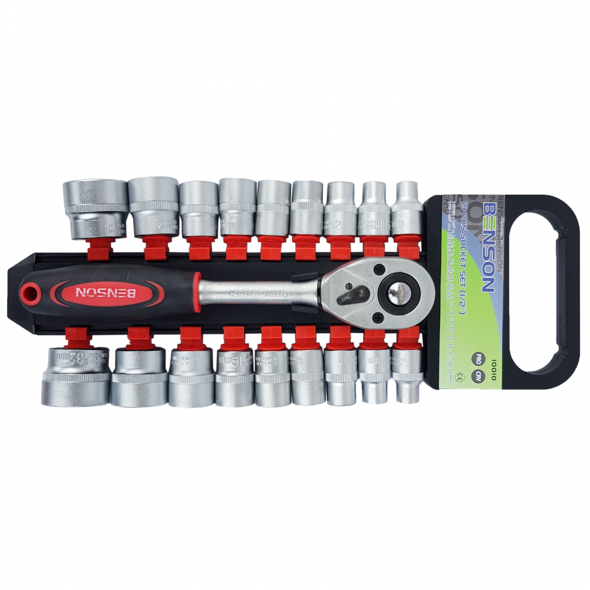 Galvučių rinkinys su terkšle, 12,5 mm (1/2"), 8-32 mm, 19 vnt. Galvučių rinkinys su terkšle, 12,5 mm (1/2"), 8-32 mm, 19 vnt.