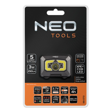 Galvos žibintas, įkraunamas per USB 250 lm COB LED + judesio jutiklis 1