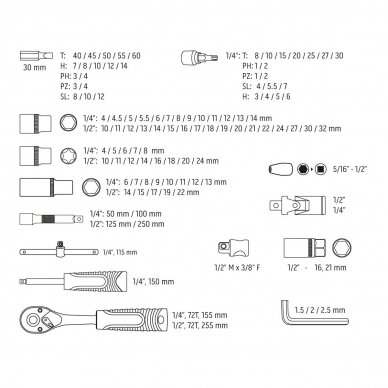 Galvučių ir įrankių rinkinys Neo Tools 10-212, 108 vnt, 1/2 , 1/4 10
