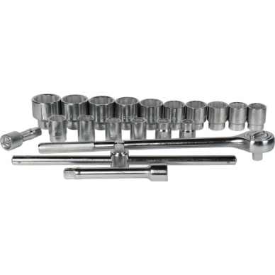 Galvučių ir raktų komplektas, 20 mm (3/4"), 21 vnt. 1 Galvučių ir raktų komplektas, 20 mm (3/4"), 21 vnt. 1