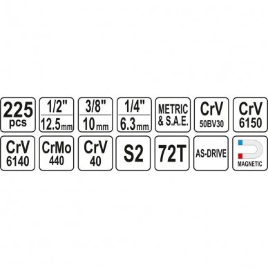 Galvučių, replių, raktų ir kitų įrankių Yato XXL komplektas 225 dalių 4