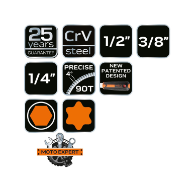 Galvučių rinkinys 219 vnt., 1/2", 3/8", 1/4", CrV 8
