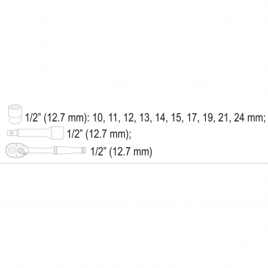 Galvučių su terkšle rinkinys Sthor, 12,5 mm (1/2"), 10-24 mm, 12 vnt. 2