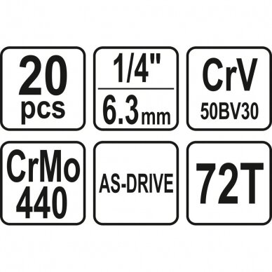 Galvučių su terkšle rinkinys Yato YT-14491, 1/4", 20 vnt. 4 Galvučių su terkšle rinkinys Yato YT-14491, 1/4", 20 vnt. 4