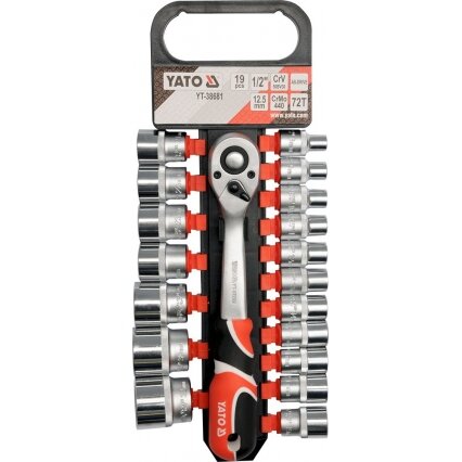 Galvučių rinkinys su terkšle | 12,5 mm (1/2") | 8-32 mm | 19 vnt. (YT-38681) Galvučių rinkinys su terkšle | 12,5 mm (1/2") | 8-32 mm | 19 vnt. (YT-38681)