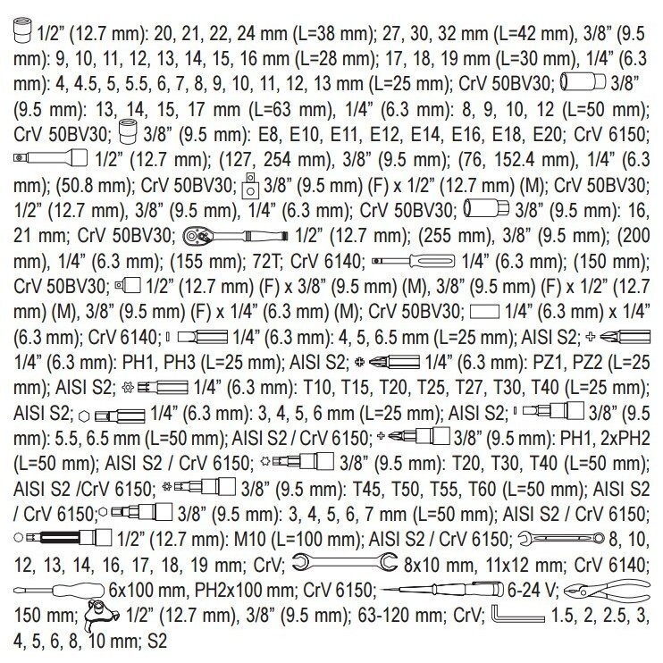 Galvučių ir raktų komplektas Yato 126 vnt., 1/4" + 3/8" + 1/2" 6