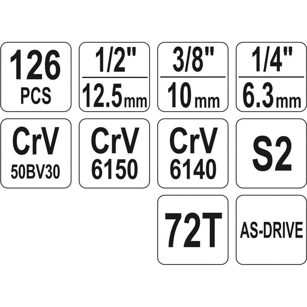 Galvučių ir raktų komplektas Yato 126 vnt., 1/4" + 3/8" + 1/2" 4